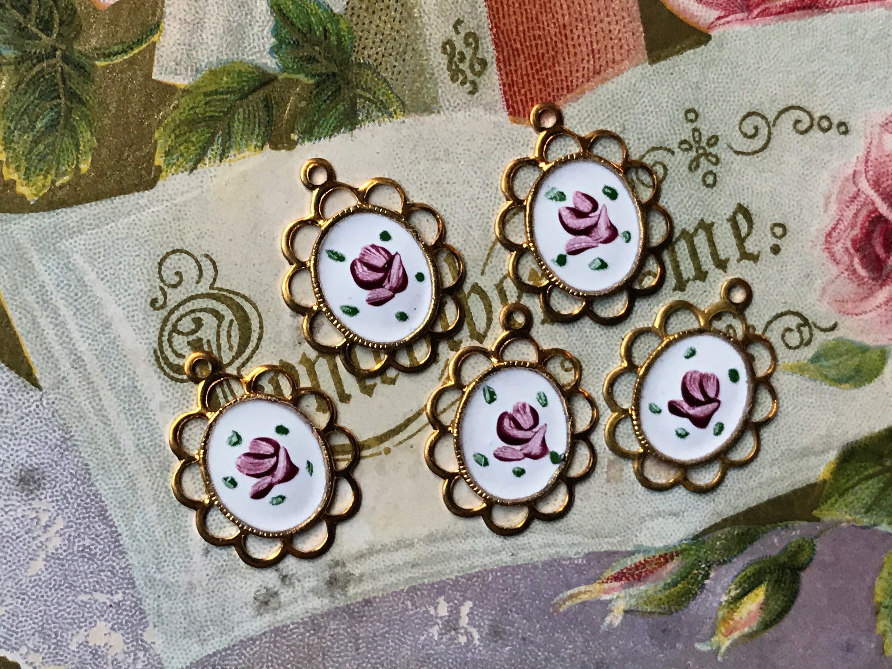 4 Ornate Vintage Guilloche Enamel Charms hand painted pink Etsy