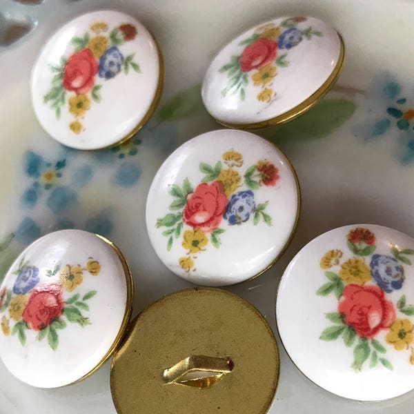 Shabby Chic Buttons,Vintage Glass buttons,Flower Buttons,Limoges Buttons,18mm,3/4",Floral Buttons,Brass shank Buttons, Cottage,#1382B