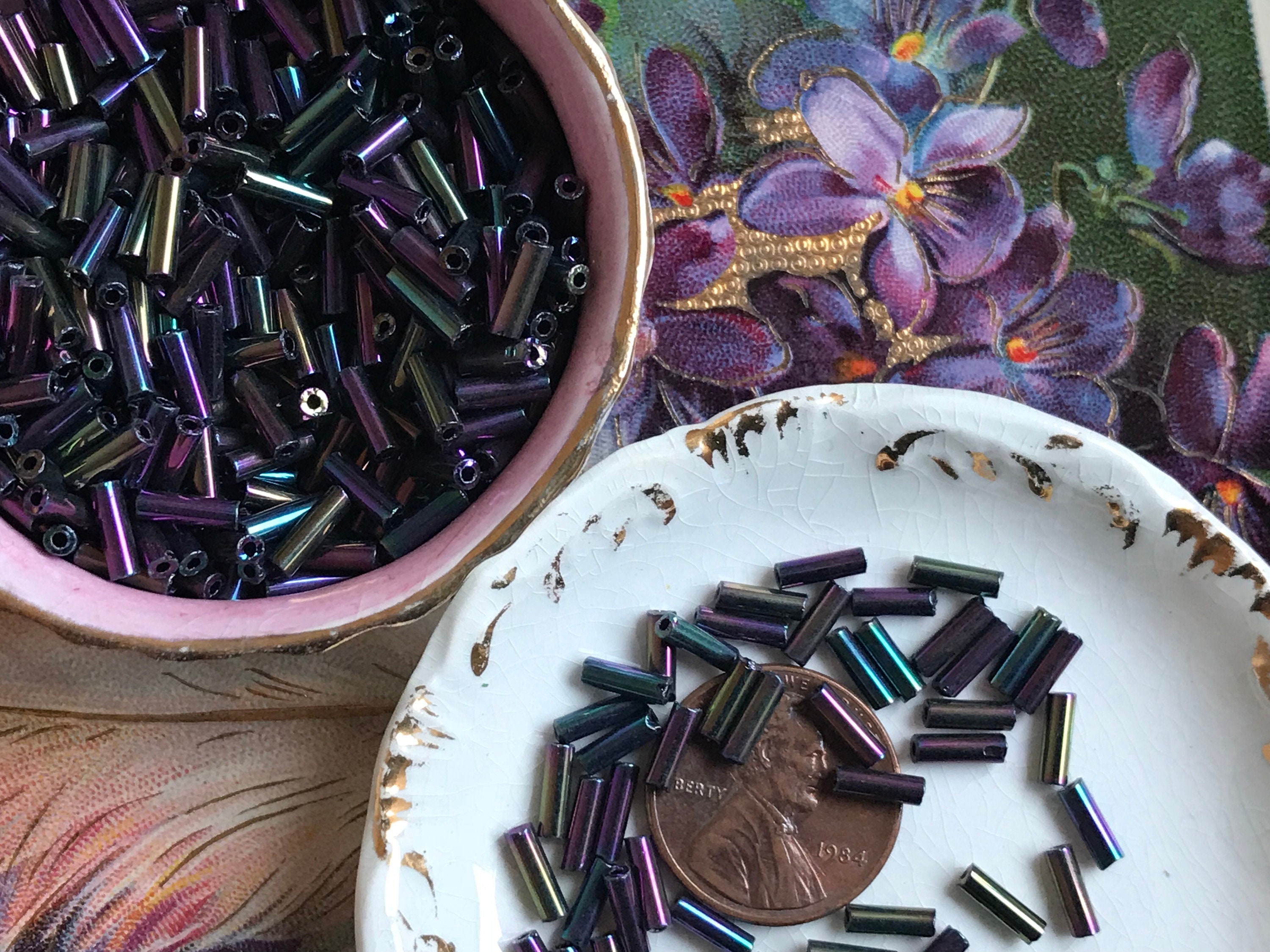 Vintage Peacock Beads Iridescent Bugle Beads Black Bugle Etsy