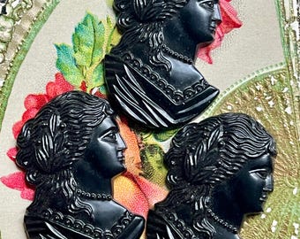 Vintage Black Cameos, Castlecore, Black Cameo, Black Cameos, Matte black cameos, Vintage Glass Cameo Heads, Matte Black, 35x19, 1pcs