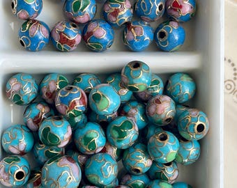 Flower Beads, Vintage Cloisonné Beads - Glass Beads - Hand Painted Beads - Cloisonne Beads - Enamel Beads - Floral Beads - Cottagecore, 10mm