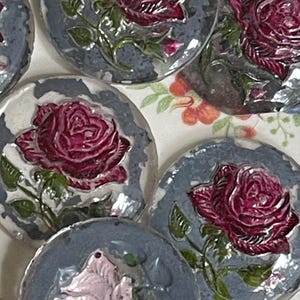 Vintage Reverse Paint Intaglio cabochon, 26mm, pink rose cabochons, glass cabochon with flower, Needs TLC