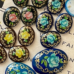 10x8 Flower Cabochons, Made in Japan, 6pcs, Cottagecore jewelry making supplies, black flower cabochons, whimsical cabochons, NOS