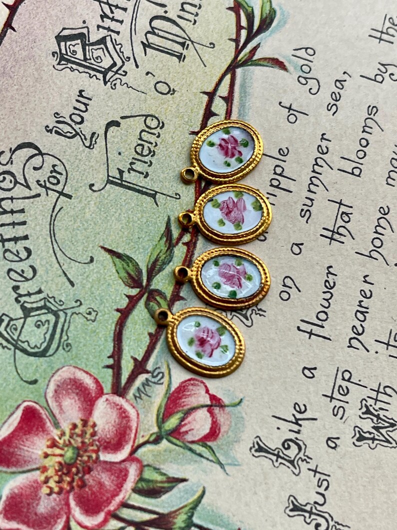 Vintage Enamel Charms, Rose charms, Enamel charms, Dolled up charms, Victorian charms, vintage adornments NOS, Cottagecore charms image 7