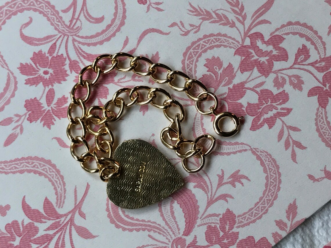 Vintage Sarah Coventry Heart Charm Necklace – Guilloche Enamel Blue – NOS Signed