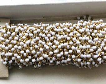 Vintage White Beaded Chain, Gold Tone Links, Jewelry Making (30")