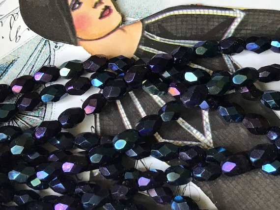 Vintage Black Iris Glass Beads, Jet Glass AB beads, Antique Faceted Beads, Castlecore beads