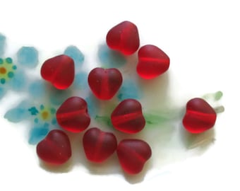 6mm Heart beads, Ruby glass beads, Matte Red Hearts