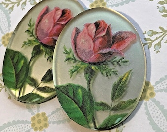 Vintage Glass Cabochons Mirrored Pink Rose Victorian Roses NOS 18x30, Western Germany Cabochons, Rose Cabochons #983