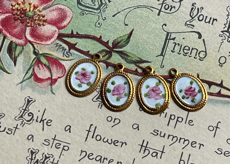 Vintage Enamel Charms, Rose charms, Enamel charms, Dolled up charms, Victorian charms, vintage adornments NOS, Cottagecore charms image 5