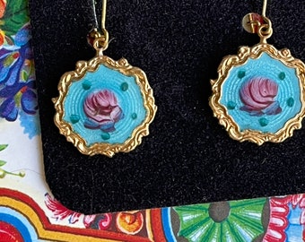 Vintage Earrings Guilloche Enamel Rose Floral Gold Victorian Garden Tea Party Birthday Garden Gift