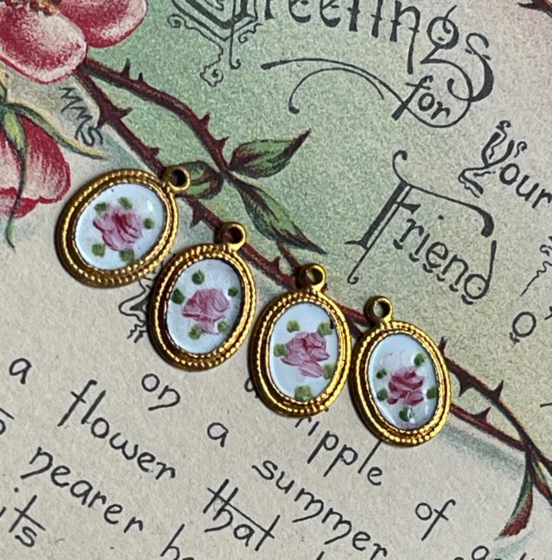Vintage Enamel Charms, Rose charms, Enamel charms, Dolled up charms, Victorian charms, vintage adornments NOS, Cottagecore charms image 8