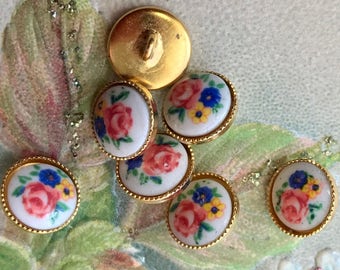 Botones de vidrio vintage, botones florales de 3/8", 6 piezas, botones de flores,