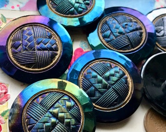 36mm Buttons Art Deco unfinished, 1 1/2" round, Czech glass, Vintage Button, Jet Vitrial