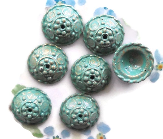 Vintage Bead Caps Ornate Patina Green Artsy Art Nouveau spacer Deco Art #189