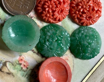 Vintage glass cabochons in orange or jade, 2pcs