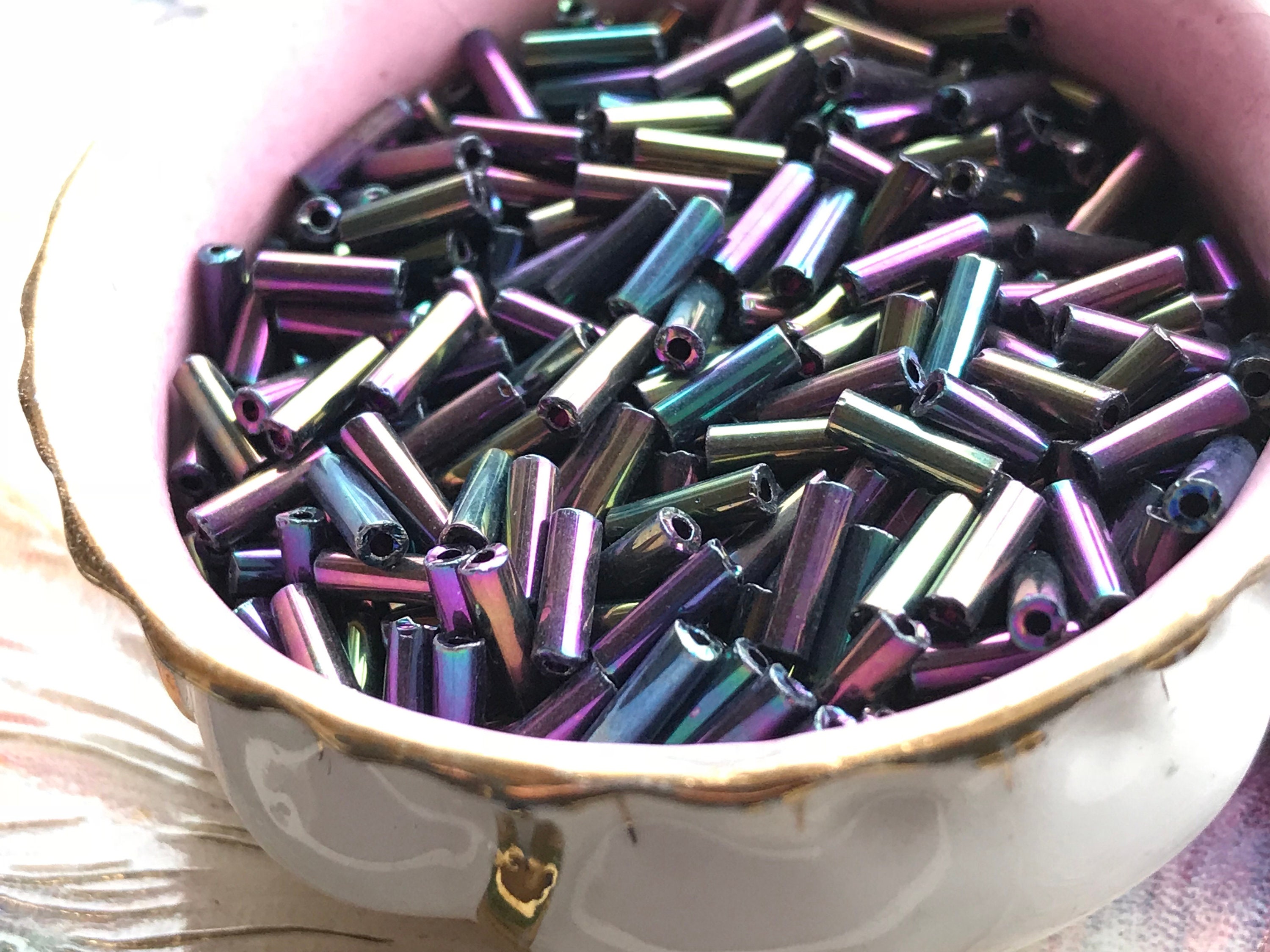 Vintage peacock beads Iridescent Bugle Beads Black Bugle Etsy