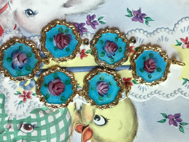 Shabby chic Charms G16J Sarah Coventry vintage Guilloche charms gilded,enamel Charms,Enameled Charms,Floral Charms,enameled connectors