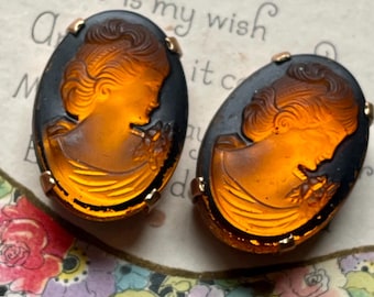 Vintage glass cameo in settings, Amber Cameos, 25x18, brown cameos