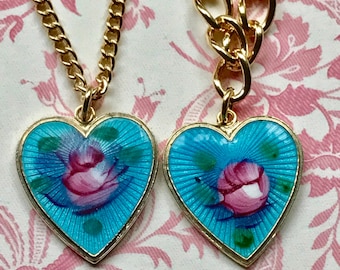 Vintage Sarah Coventry Signed Necklace Bracelet Guilloche Enamel Heart Cabochon Girl Rose Hand painted Set Demi