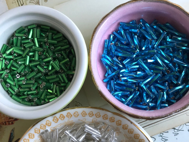 Vintage Glass Iridescent Bugle Beads Blue Bugle Beads Tube Etsy