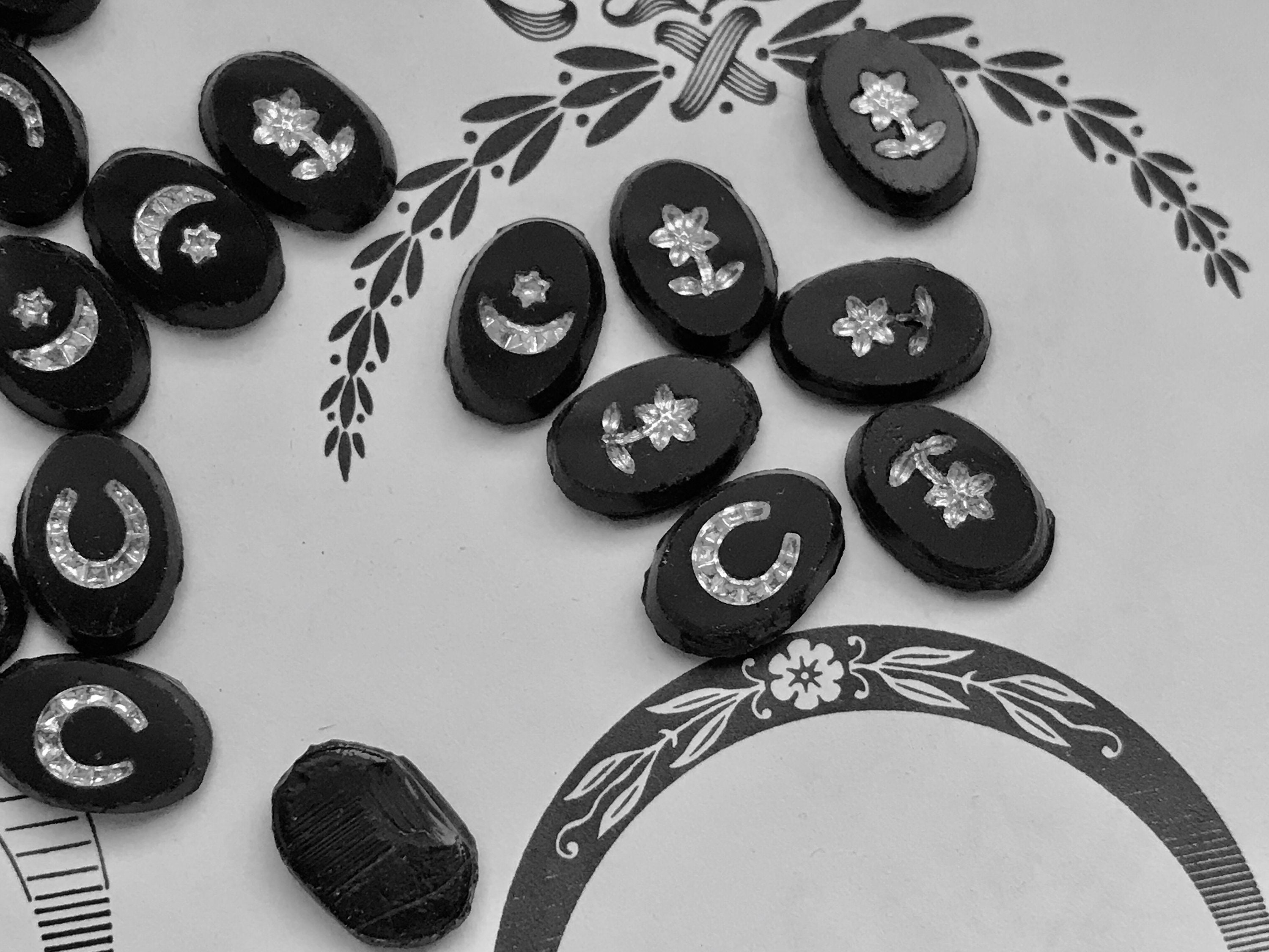 Vintage Marcasite Cabochons, 12x8, Star Moon, Flowers Vintage Marcasite Cabochons, 12x8, Star Moon, Flowers