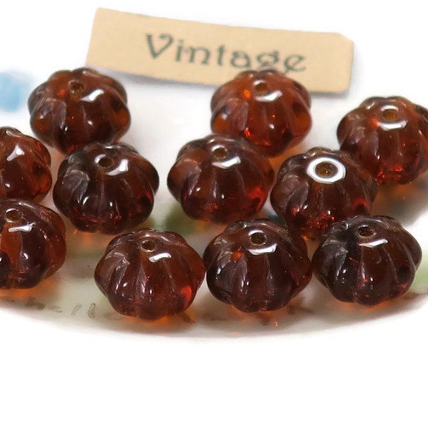 Vintage Glass Beads, Amber Melon beads, Czech glass beads, amber Spacers, 6x8mm beads, saucer beads, Flowers Floral Brown NOS (1673GS)Bag2