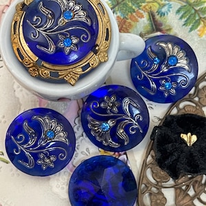 Luminous Blue Cabochon, Vintage Cobalt Glass Jewels, 22mm, Sterling inlay, Rhinestone Floral Glass, Pointed Back, Inlay Flower, Etched image 8