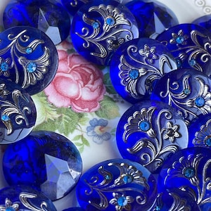 Luminous Blue Cabochon, Vintage Cobalt Glass Jewels, 22mm, Sterling inlay, Rhinestone Floral Glass, Pointed Back, Inlay Flower, Etched image 2
