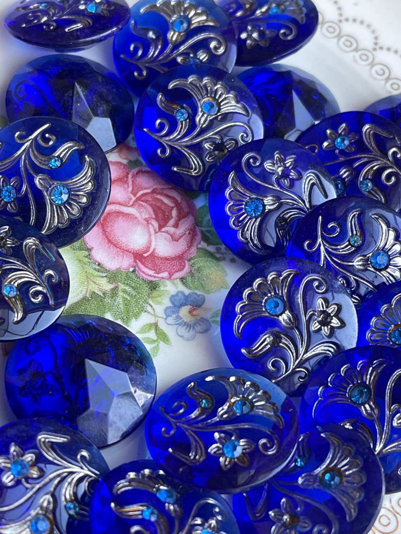 Luminous Blue Cabochon, Vintage Cobalt Glass Jewels, 22mm, Sterling inlay, Rhinestone Floral Glass, Pointed Back, Inlay Flower, Etched image 2