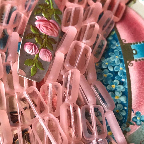 Pink glass beads, 8x12 rectangle, vintage