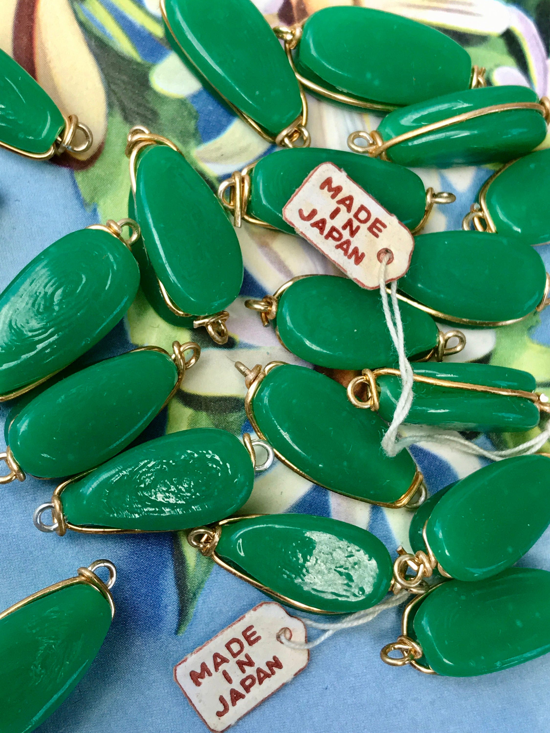 ヴィンテージガラスコネクタ6個、翡翠色ビーズ、ワイヤーラップビーズ