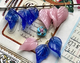 Opaque Pink or blue Glass Leaves, 4 pcs