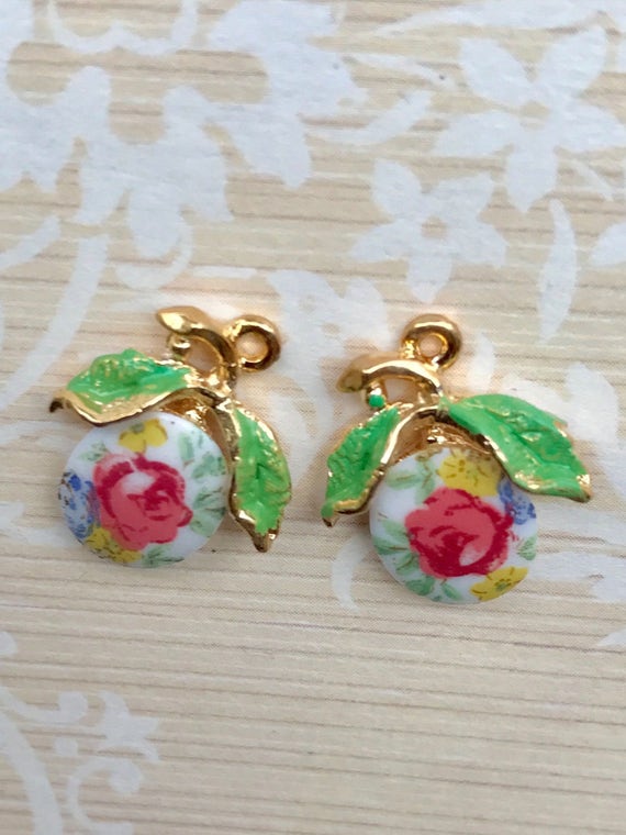 Rose Leaf Charms, 2pcs, COTTAGECORE jewelry making supplies, shabby chic charms, floral charms, flower charms, whimsical charms