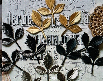 May include: Assortment of gold, silver and black metal leaf sprigs. The leaves are arranged on a white background with black text that reads "derber" and "Johann Josef Eduard St" in a decorative font.
