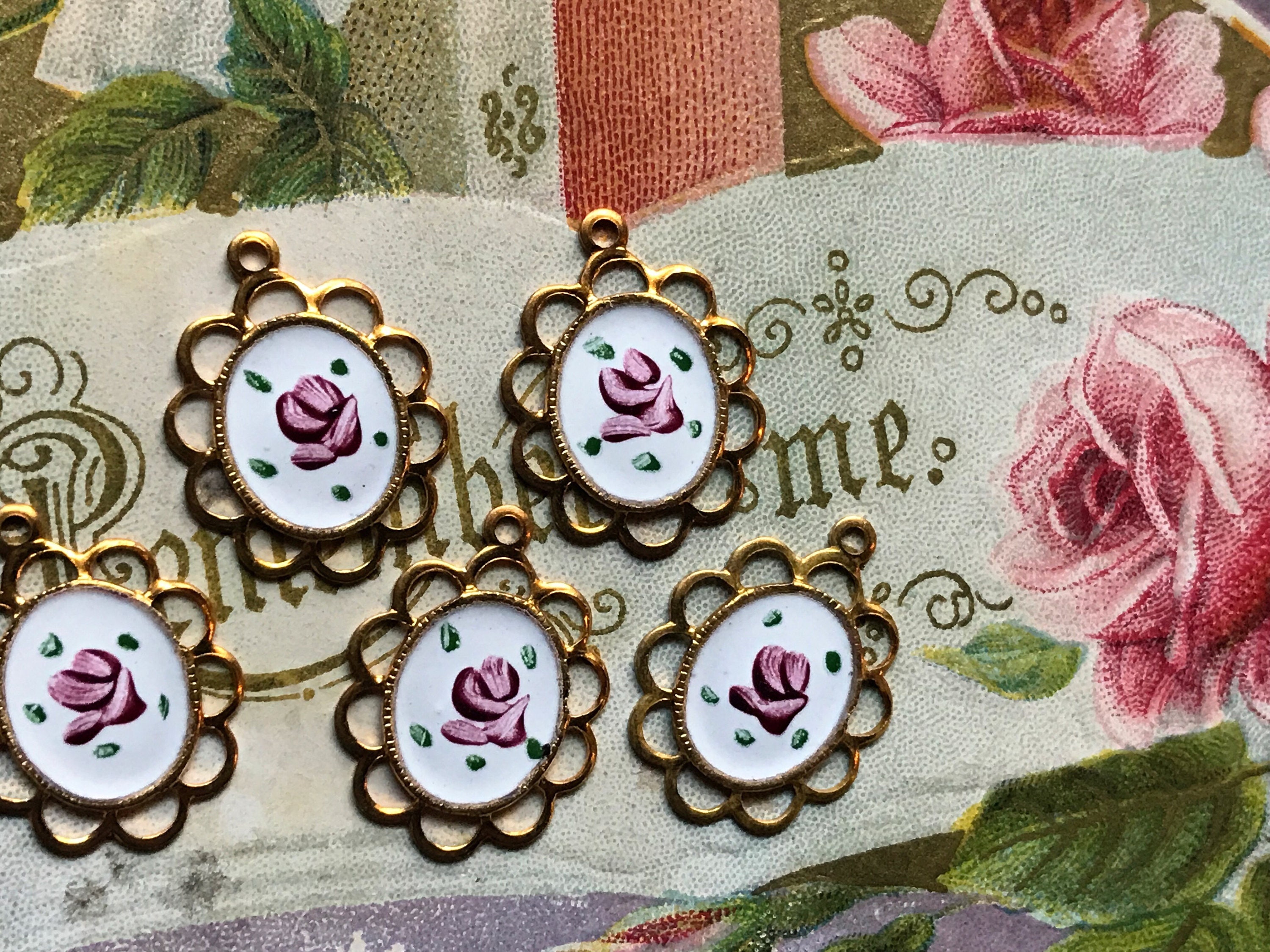 4 Ornate Vintage Guilloche Enamel Charms hand painted pink Etsy