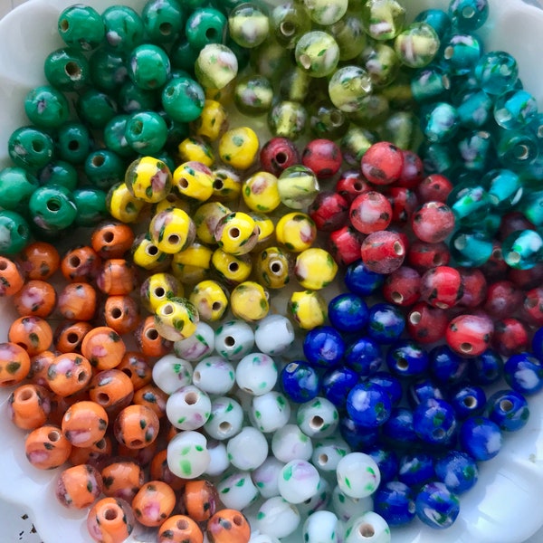 Art Glass beads, Flower Glass Beads, Flowers Rose, 6mm Round Beads, Floral Lampwork, Millefiori beads
