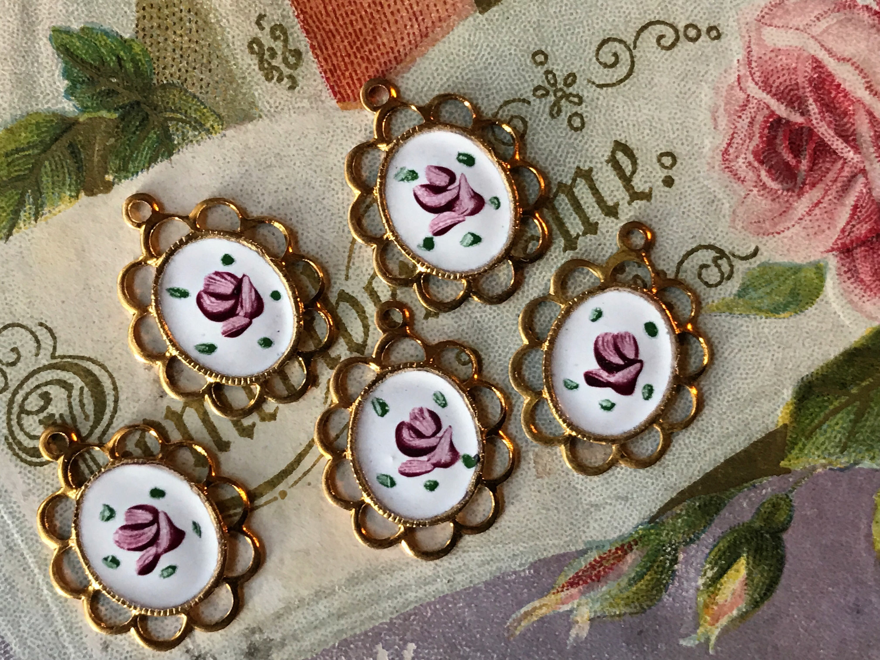 4 Ornate Vintage Guilloche Enamel Charms hand painted pink Etsy