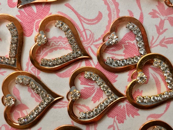 Vintage Rhinestone Heart Charms, Gold Plated, Rhinestone Hearts Valentines  Day Charms 