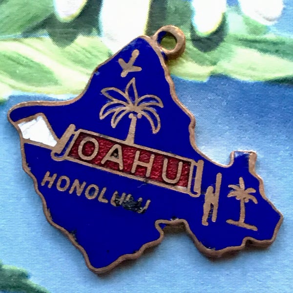 Oahu Charm, enameled brass charm, vintage Hawaii Charm