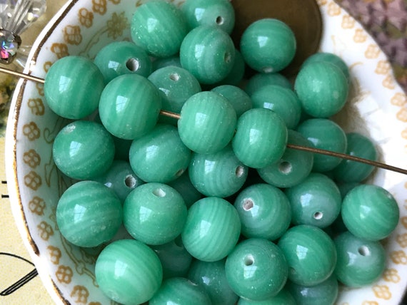 10mm Beads Vintage - glass swirl - used in the Miriam Haskell line of jewelry, Green Swirl beads, 10mm 