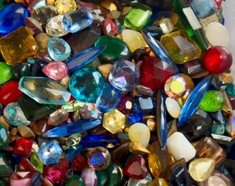 Rhinestone Gems, crystal stones, Vintage Rhinestones, colorful crystals, 50 grams, Swarovski stones, Glass jewels, statement stones, bezel