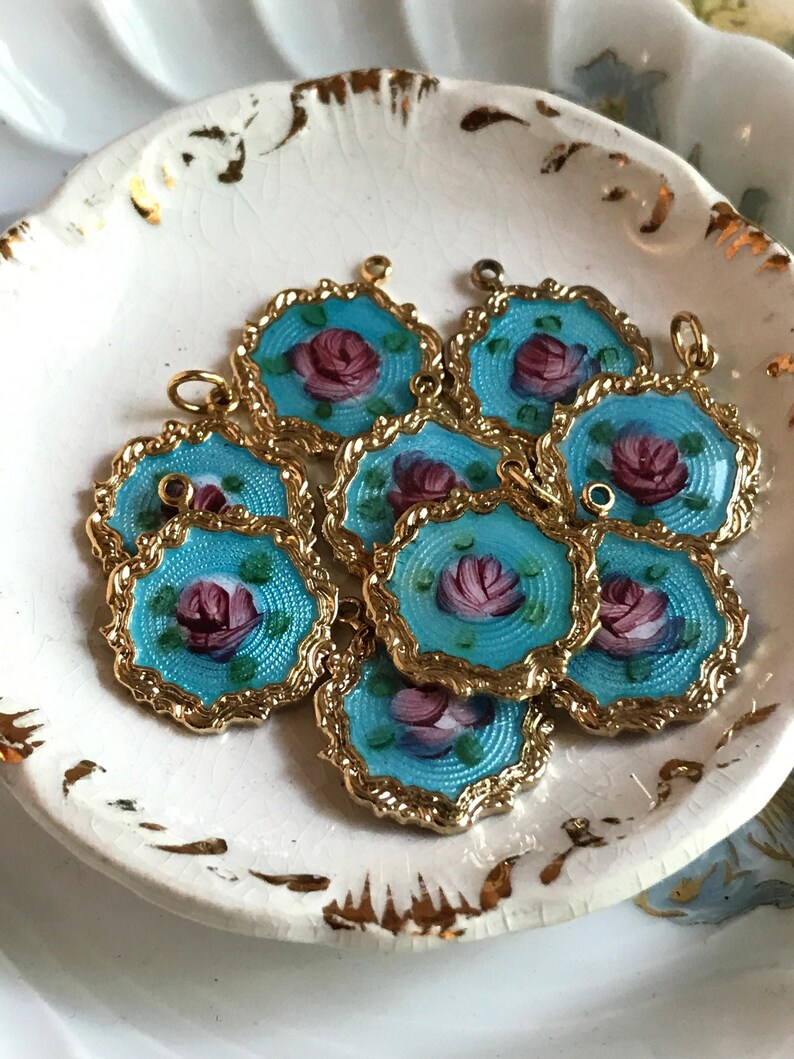 Shabby chic Charms G16J Sarah Coventry vintage Guilloche charms gilded,enamel Charms,Enameled Charms,Floral Charms,enameled connectors