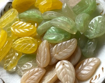 Vintage Leaf Beads, Czech Beads, Czech Leaves, Yellow Leaves, boho Beads, Cream Beads, lime green leaves Pressed Glass, NOS 10x16mm #28