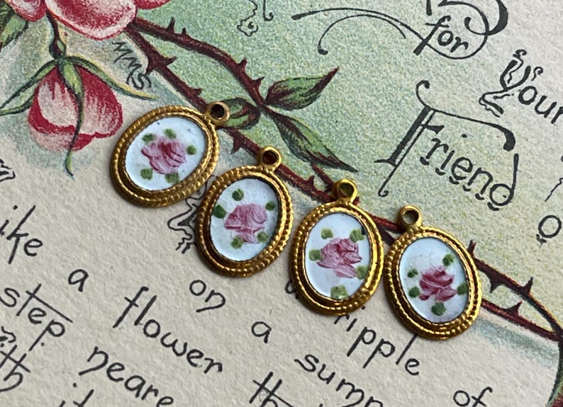 Vintage Enamel Charms, Rose charms, Enamel charms, Dolled up charms, Victorian charms, vintage adornments NOS, Cottagecore charms image 9