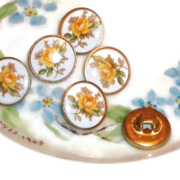 Vintage Glass buttons,Limoges buttons,Japanese Buttons, Flower Buttons,Yellow rose buttons,One of kind buttons,Rare Floral Perennial #927