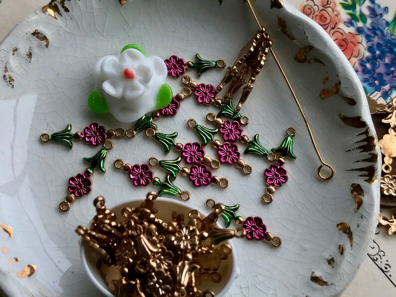 Vintage brass flower connectors with two loops tiny Etsy