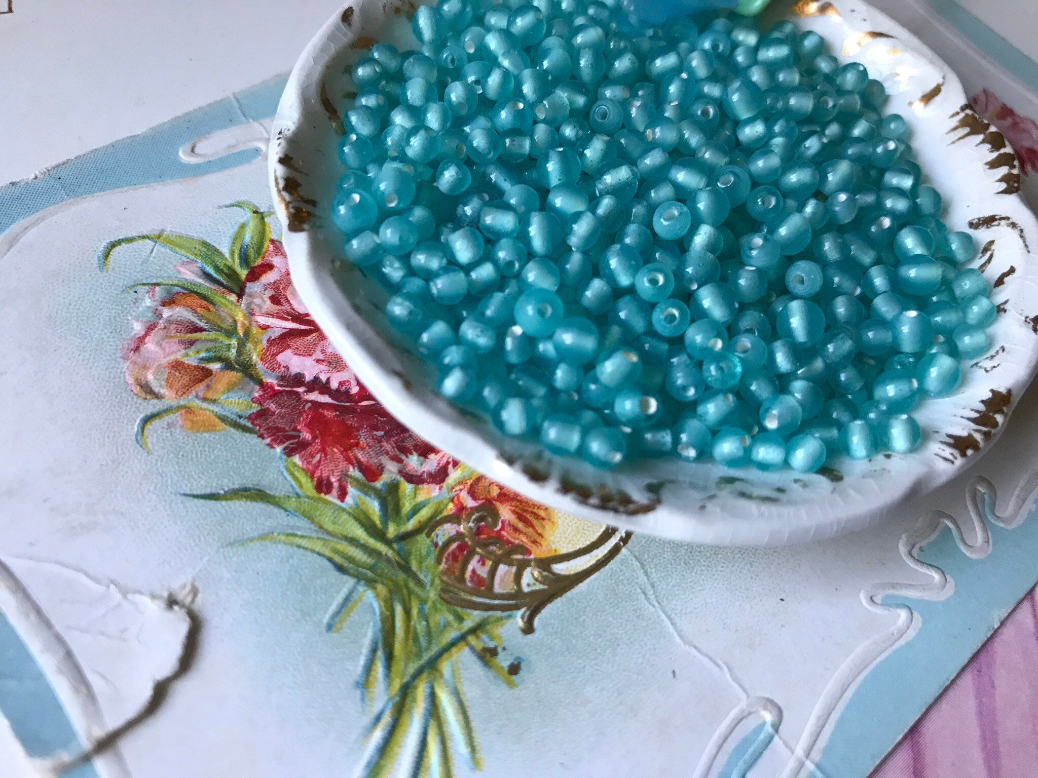 Vintage Glass Beads 3mm Aqua Beads Tiny Glass Beads Blue Etsy Ireland