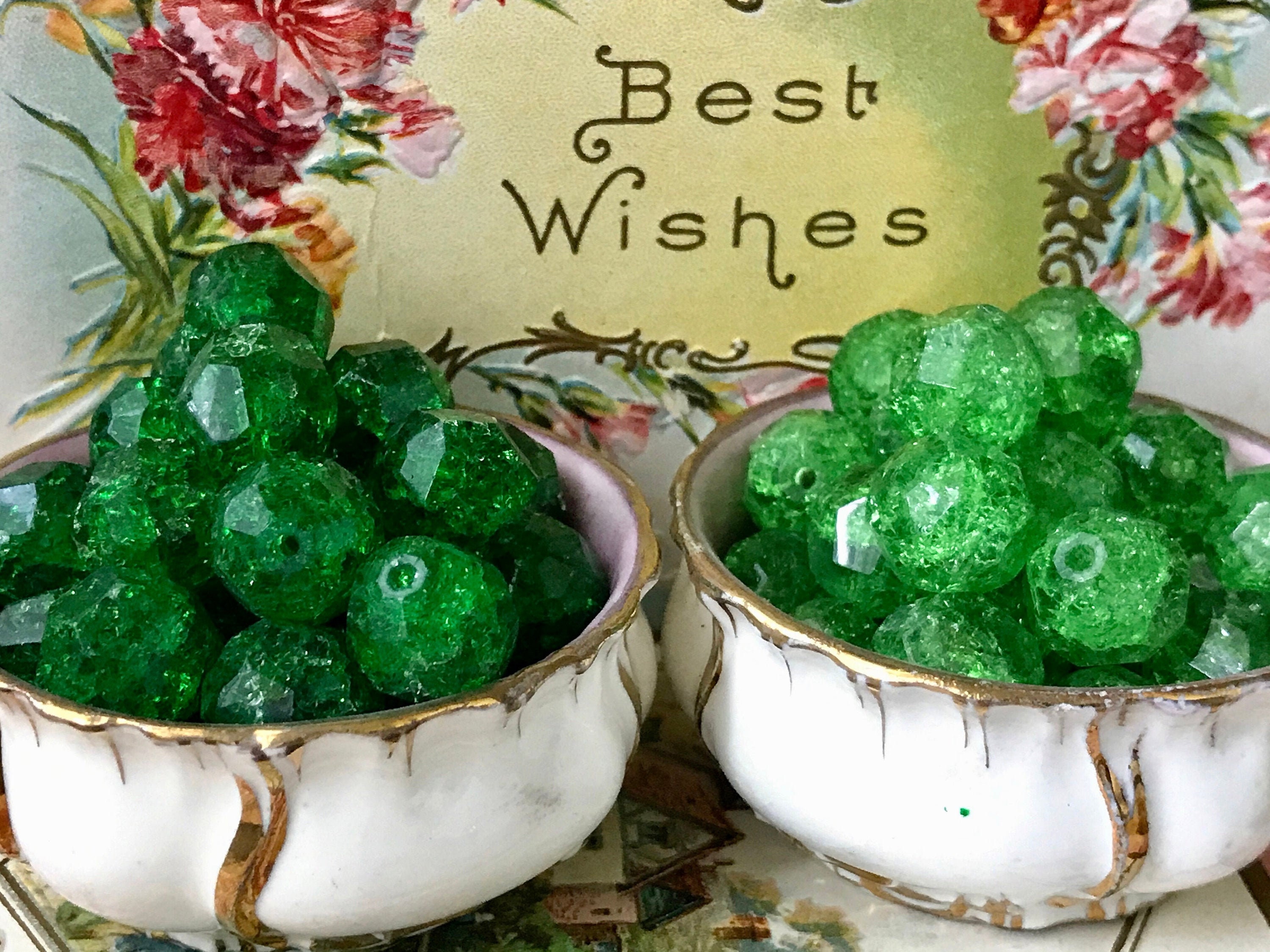 vintagerosefindings Art glass Beads peridot beads Victorian Beads NOS vintage supplies 12mm glass beads Vintage Christmas crackle Beads
