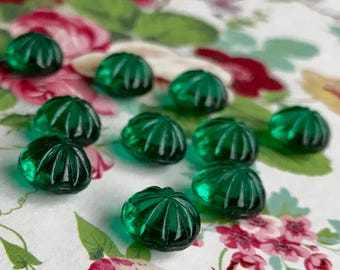 Vintage Emerald Cabochons, Ribbed 8mm or 6mm, 8 pcs